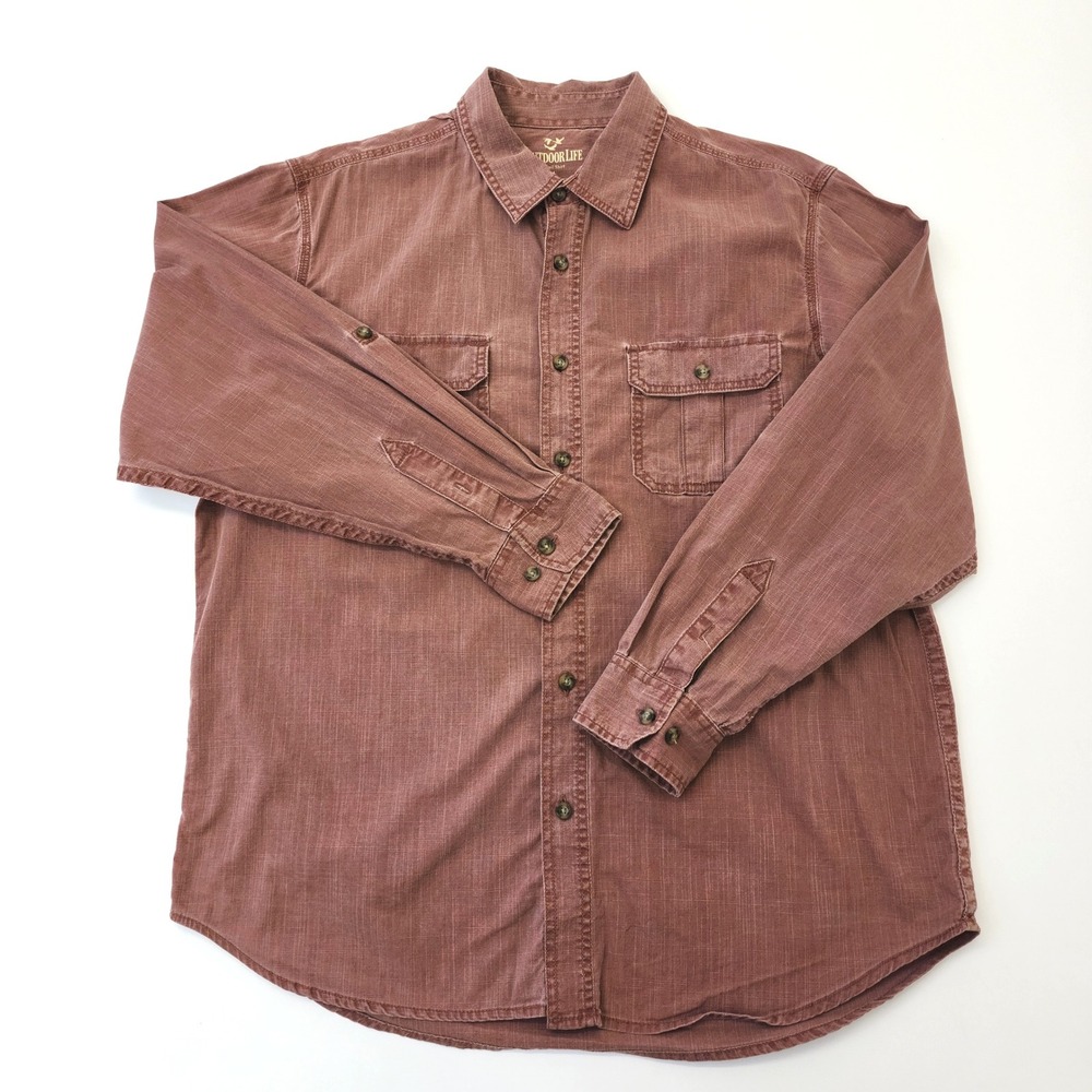Outdoor Life Mens Trail Shirt Large Red Roll Tab Sleeve Ripstop Button Down